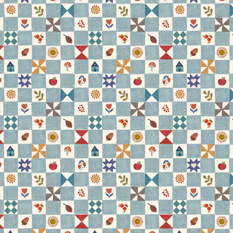Patterned fabric with small geometric and decorative elements on a blue background