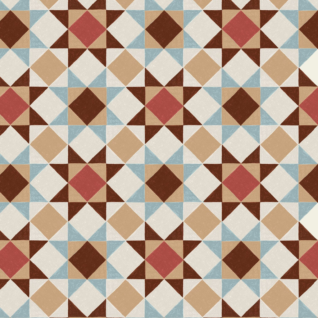 Patterned fabric with geometric diamond design in brown, beige, red, and blue.