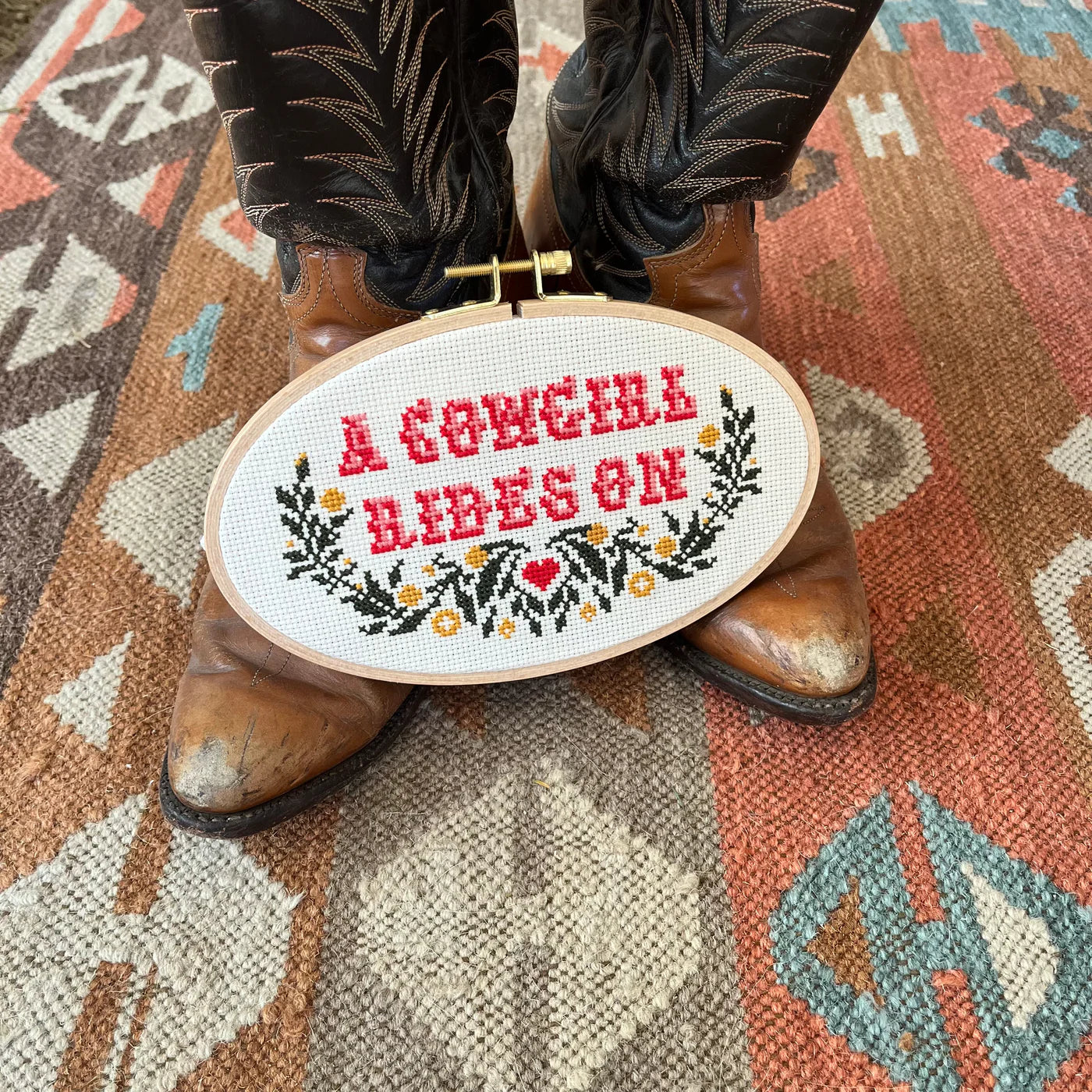 Junebug & Darlin - 5"x8" Oval Cross Stitch Kit - A Cowgirl Rides On