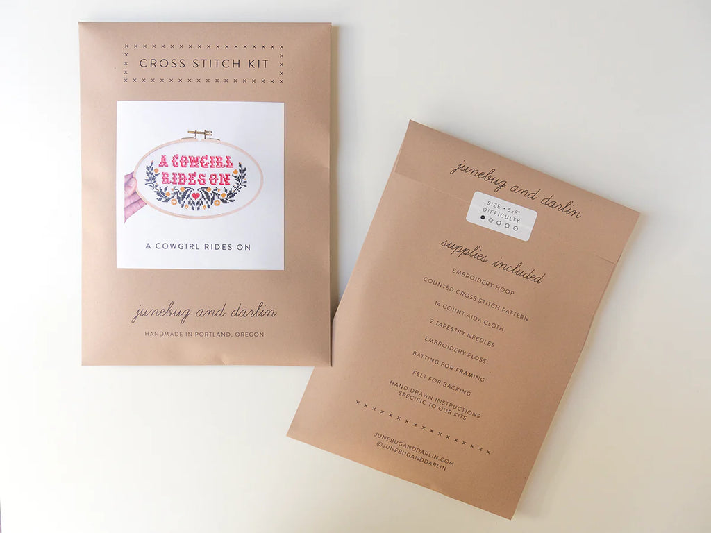 Junebug & Darlin - 5"x8" Oval Cross Stitch Kit - A Cowgirl Rides On