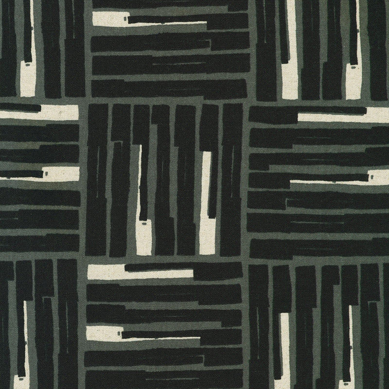 Orchard Run fabric, abstract pattern of black and white stripes on a textured background