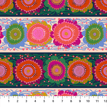 Fabric with colorful floral pattern with a ruler at the bottom for scale.