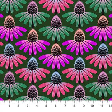 Fabric with pattern of pink and green flowers on a dark green background with a ruler for scale.