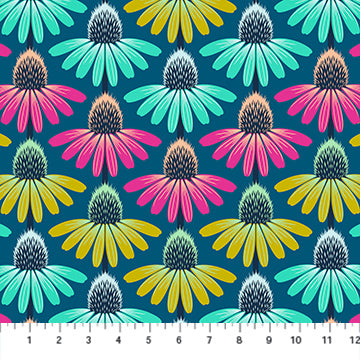 Fabric with colorful floral pattern with pink, yellow, and teal flowers on a blue background.