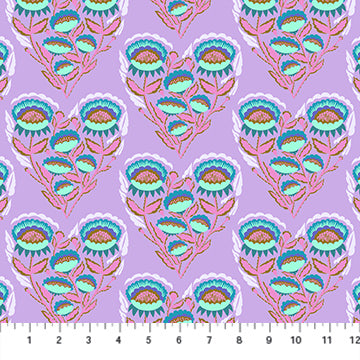 Graphic floral in shades of teal, turquoise, pink, in a heart shaped motif on a lavendar ground