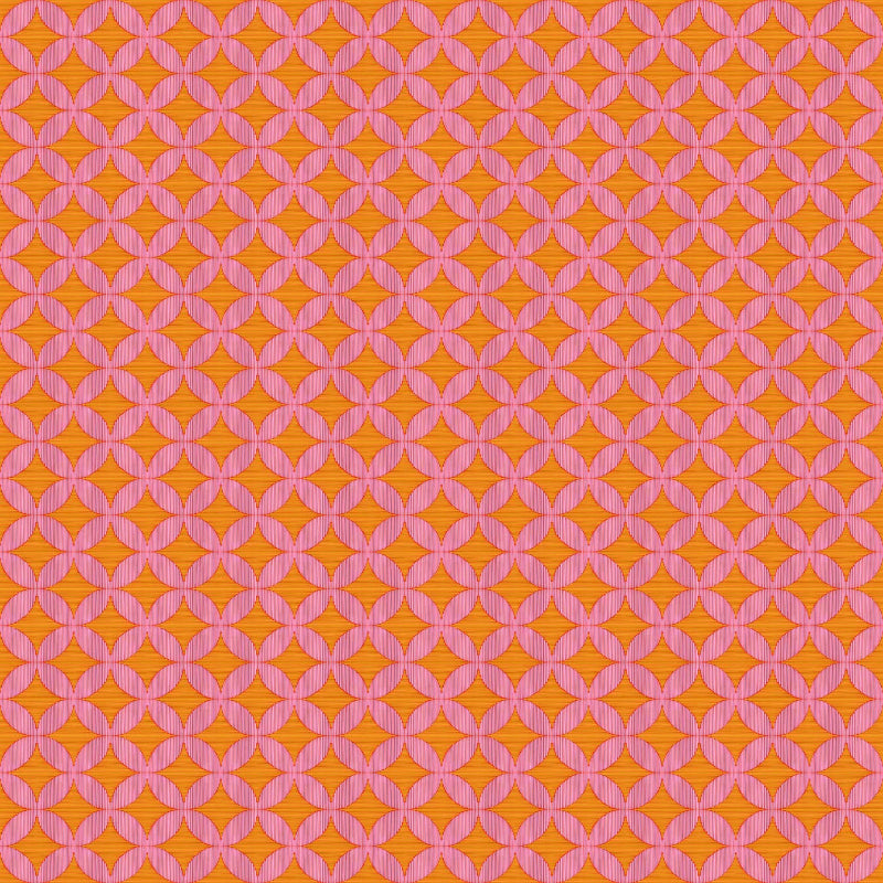 Fabric with pink and orange diamond pattern.