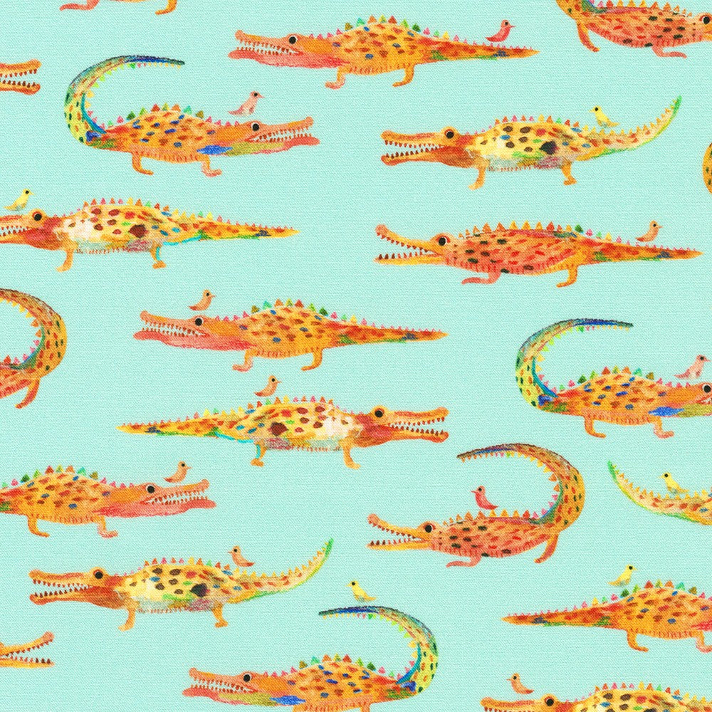 Robert Kaufman - Flora and Fun - Watercolor Crocodiles  - Aqua