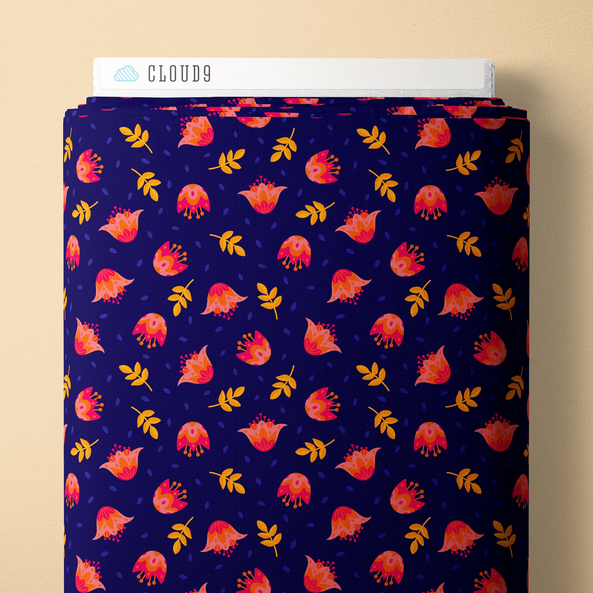 Navy fabric with pink flowers and gold leaves