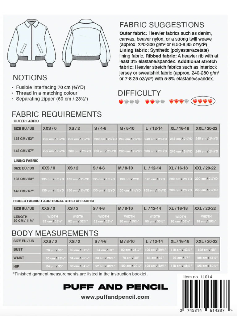Fabric suggestions, notations, difficulty level, fabric requirements, body measurements, and brand information on a label.