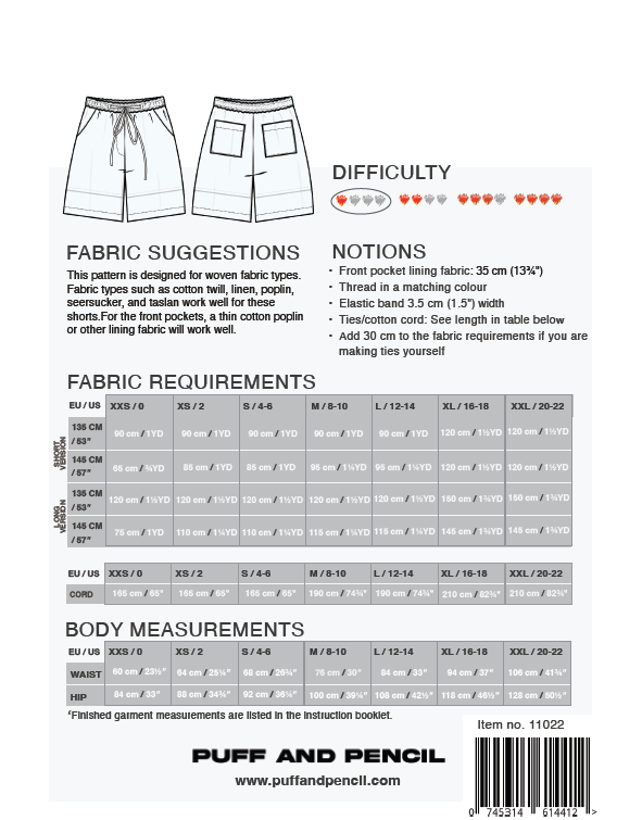Pattern envelope for shorts with fabric suggestions, requirements, and measurements.