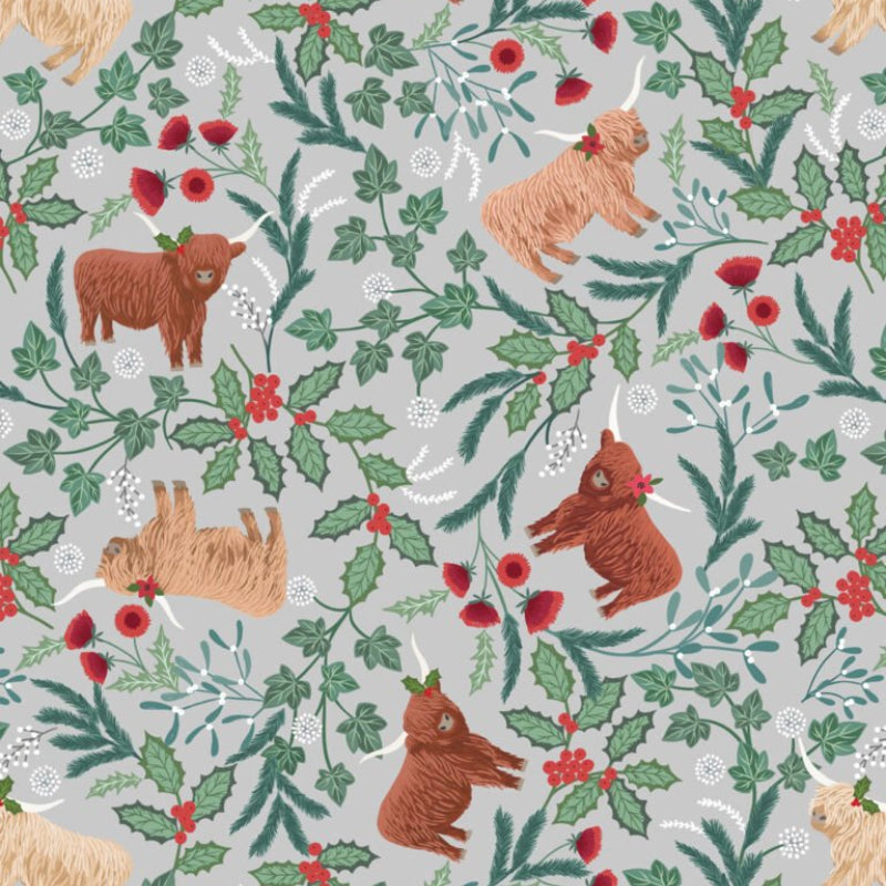 Christmas fabric with fluffy highland cows and holly on a gray background