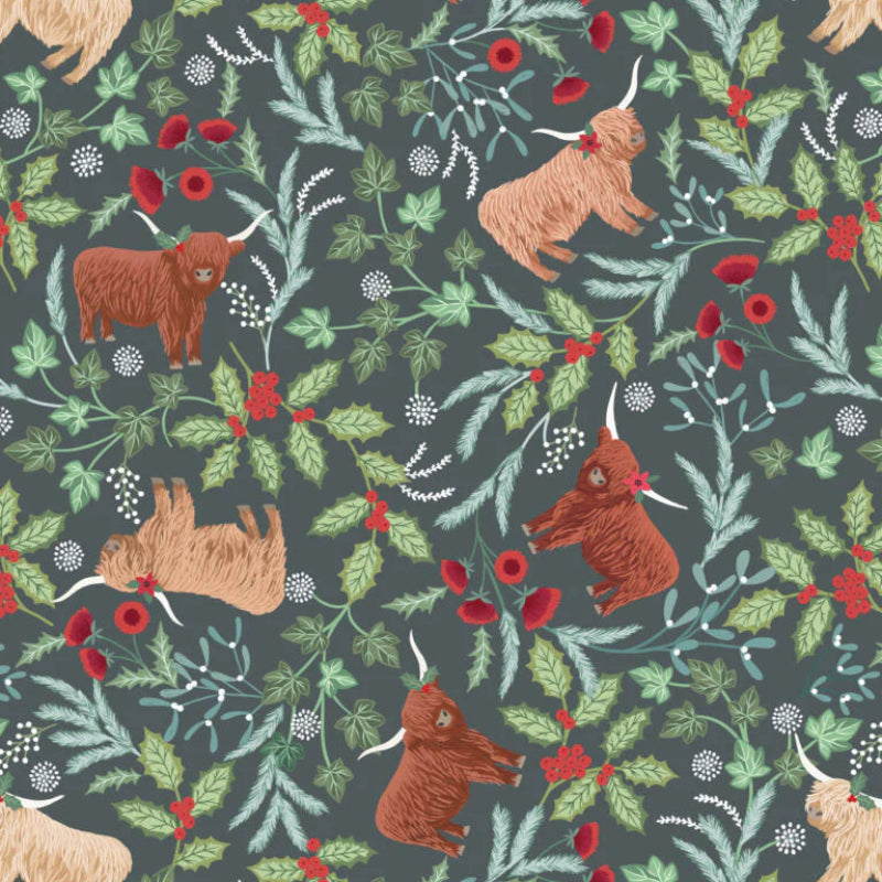 Fabric with fluffly highland cows and holly on a green background.