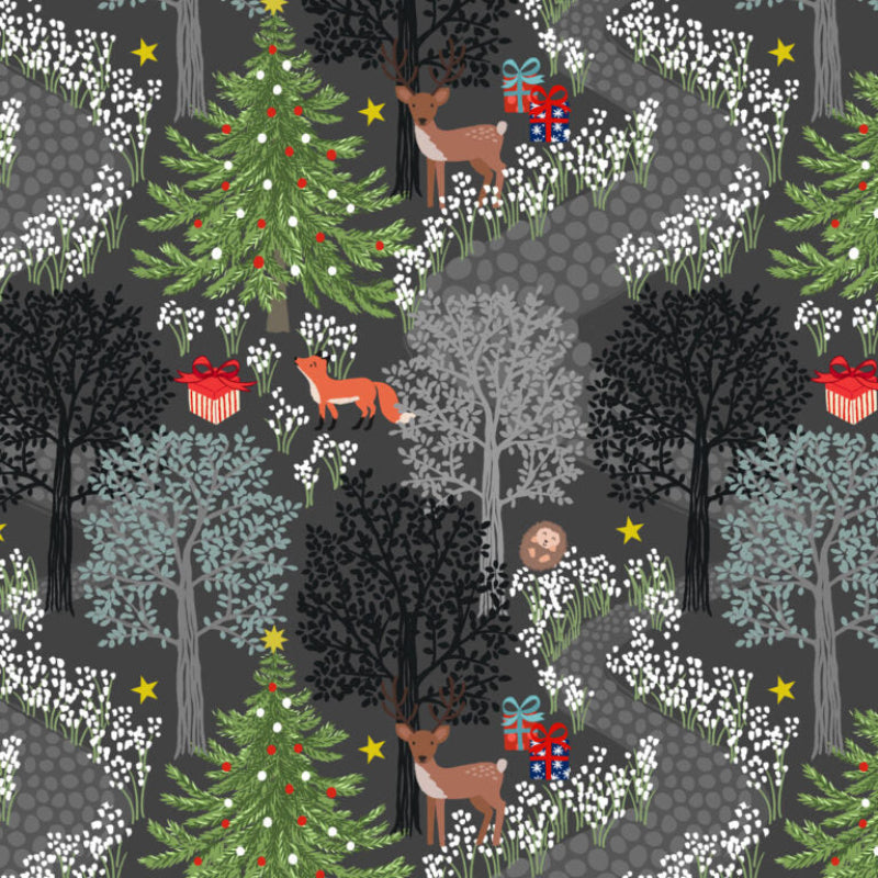 Christmas fabric with deers, foxes and other woodeland creatures on a grey background