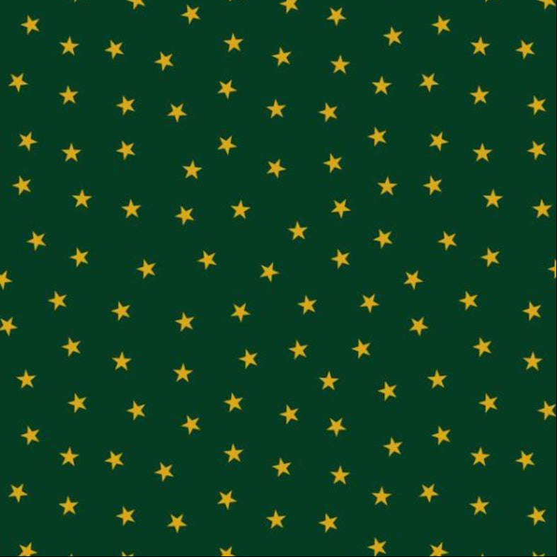 Fabric with yellow metallic stars on a green background