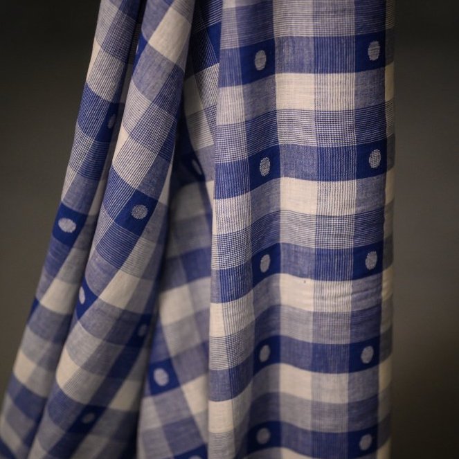 Blue and white checkered cotton fabric with polka dots on a dark background