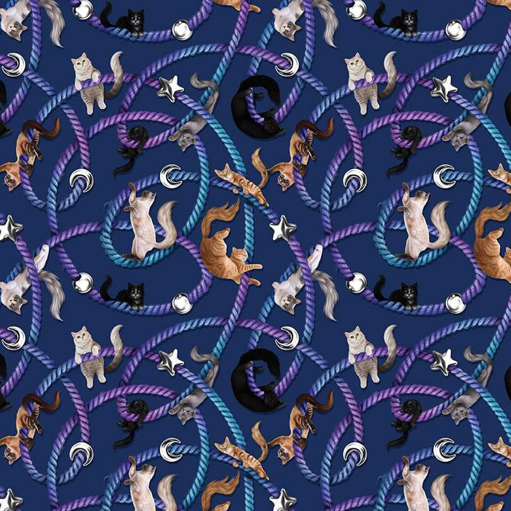 Pattern on fabric of cats and ropes on a blue background with a fabric swatch at the bottom.