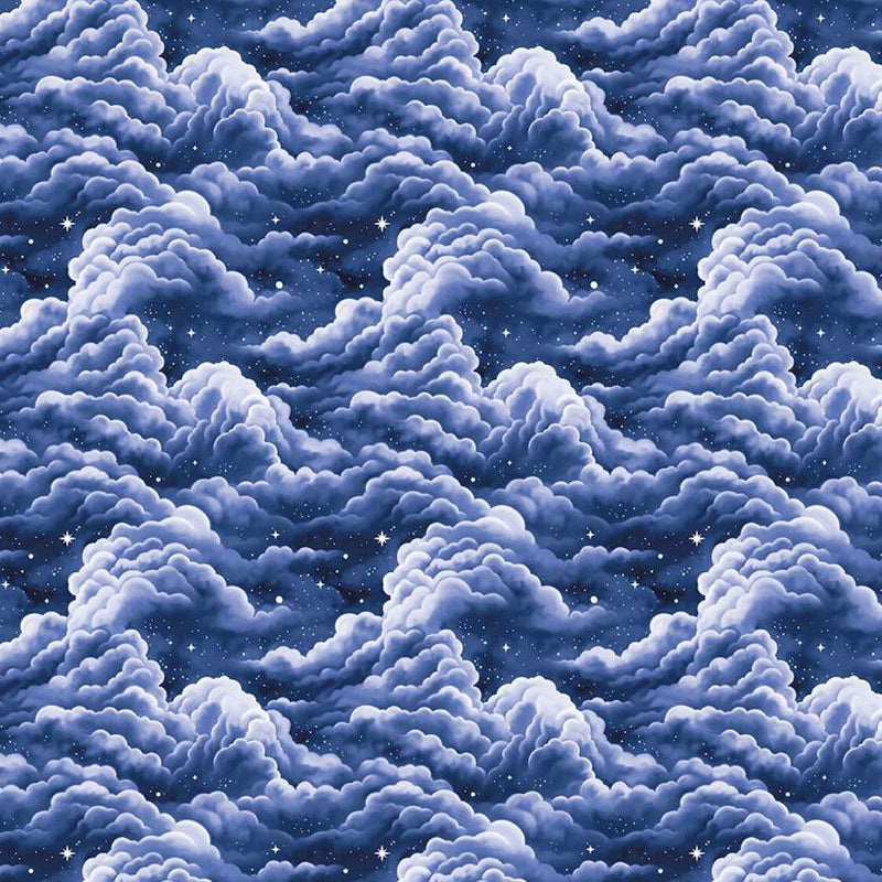 Pattern on fabric of blue clouds with stars on a dark blue background