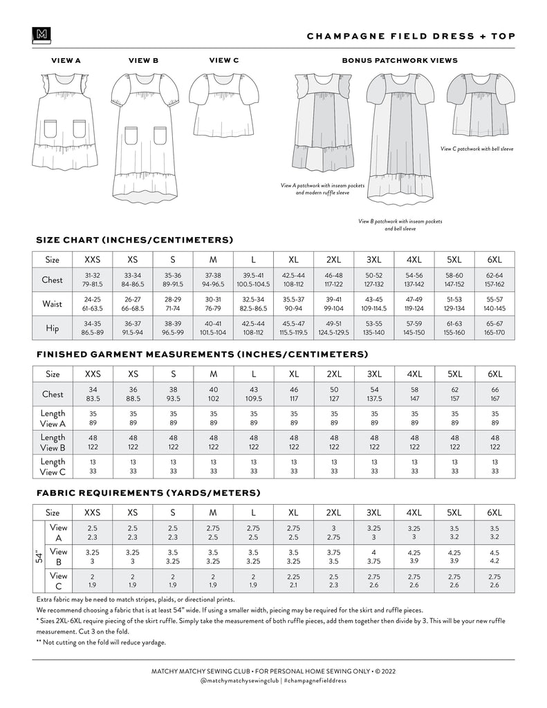 Matchy Matchy Sewing Club - Champagne Field Dress - PDF and Printed Pattern
