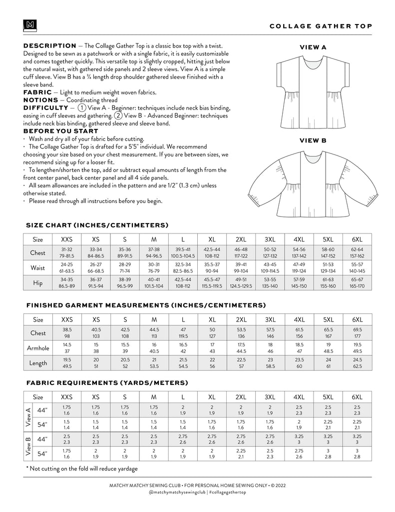 Matchy Matchy Sewing Club - Collage Gather Top - PDF and Printed Pattern