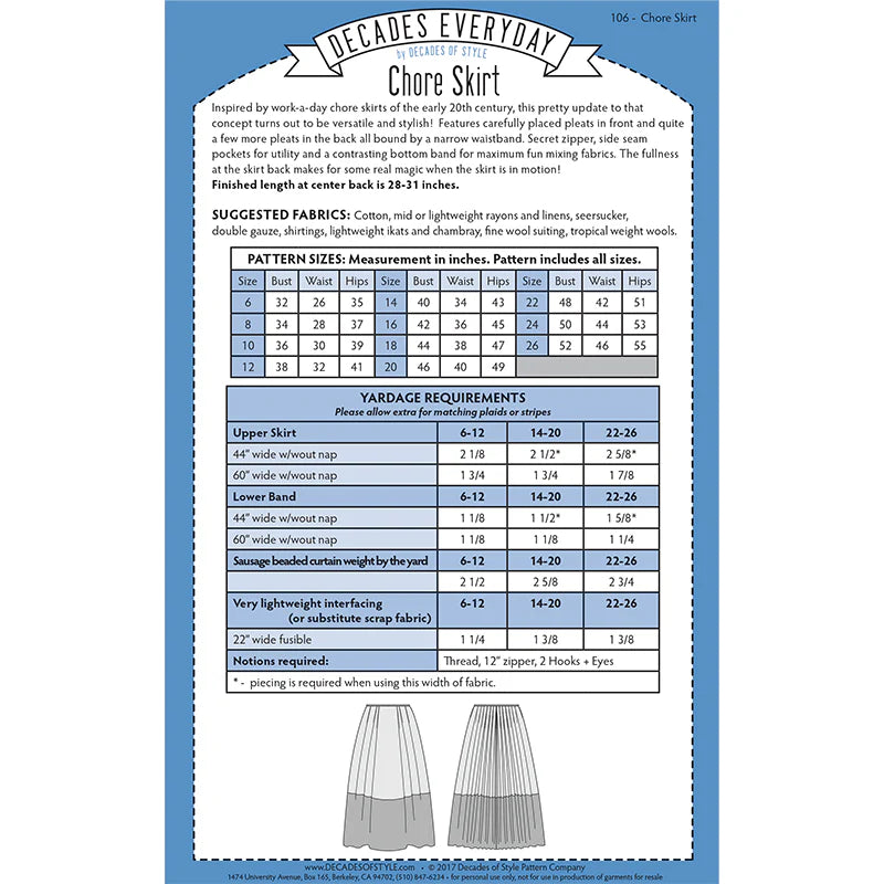 Decades of Style - Decades Everyday - #106 Chore Skirt - PDF and Printed Pattern