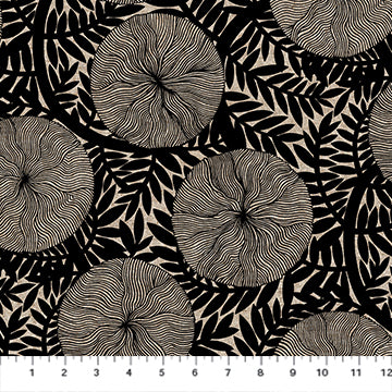 Figo - Linen Cotton Lightweight Canvas - Rythm & Leaves - Large Floral - Black