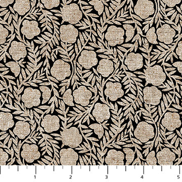 Figo - Linen Cotton Lightweight Canvas - Rythm & Leaves - Chain Floral - Black
