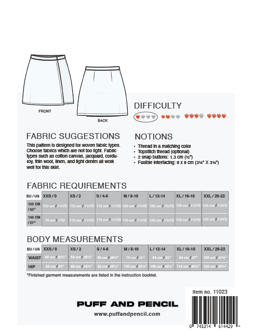 Pattern packaging for puff and pencil skirt with fabric suggestions, difficulty level, and measurements.