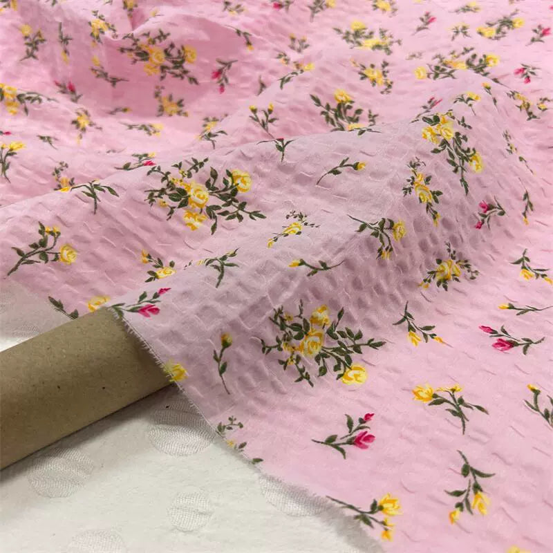 Deadstock - Japanese Cotton Seersucker - Tiny Floral - Pink