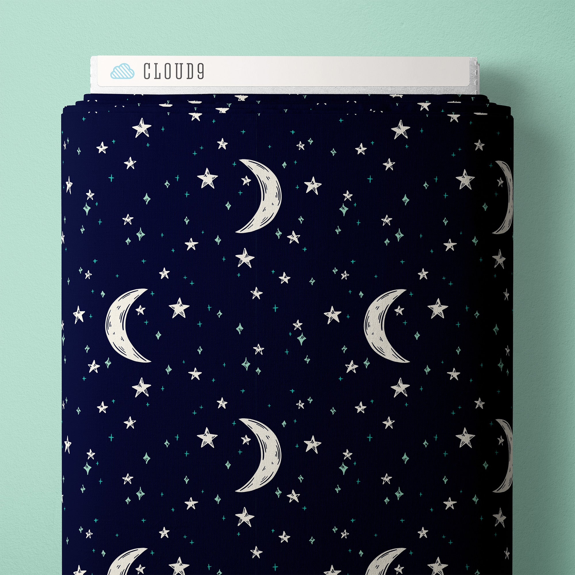 Navy background with white stars and moons, and smaller turquoise stars