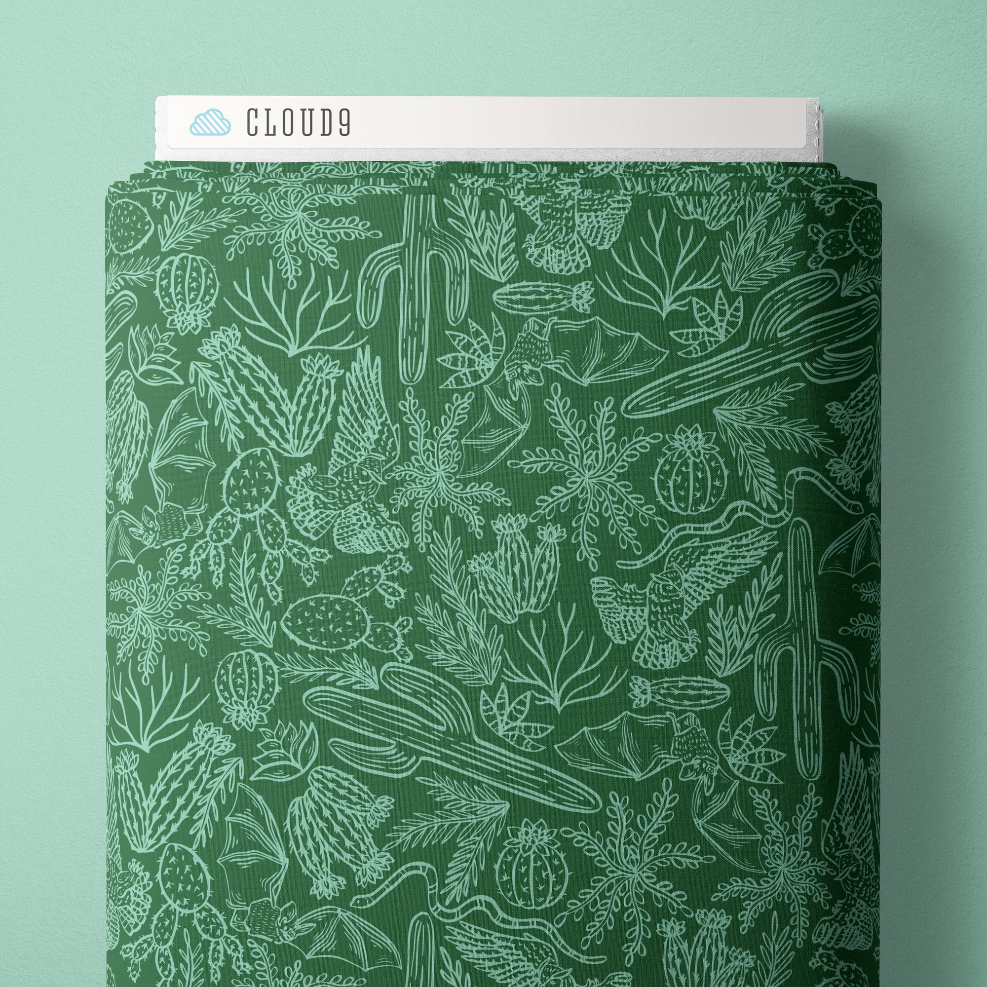 Dark green background with light green line drawings of desert plants and animals. Non-directional