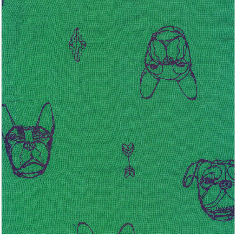 Kokka - +HAyU - Embroidered Double Gauze - Dog Faces - Navy on Green