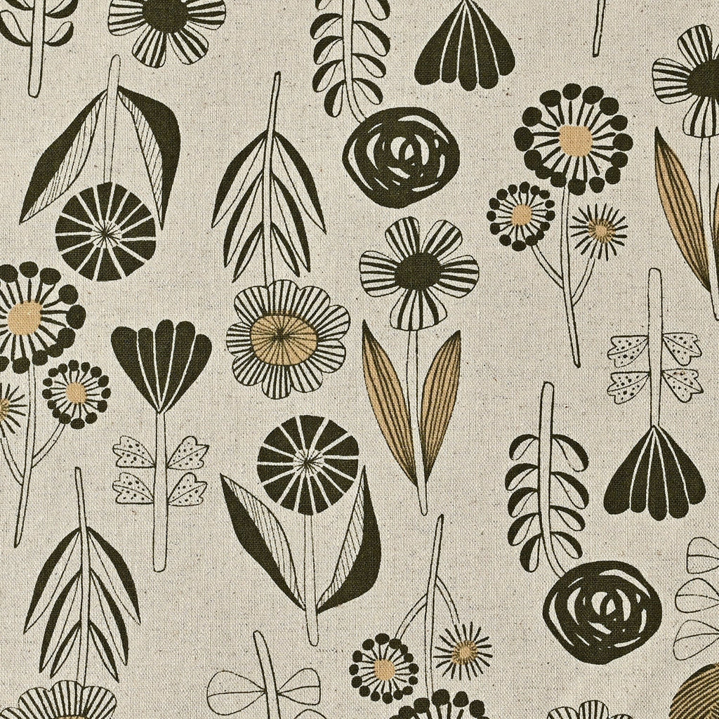 Kokka - Cotton/Linen Lightweight Canvas - Flower by Bookhou - Black and Gold on Natural