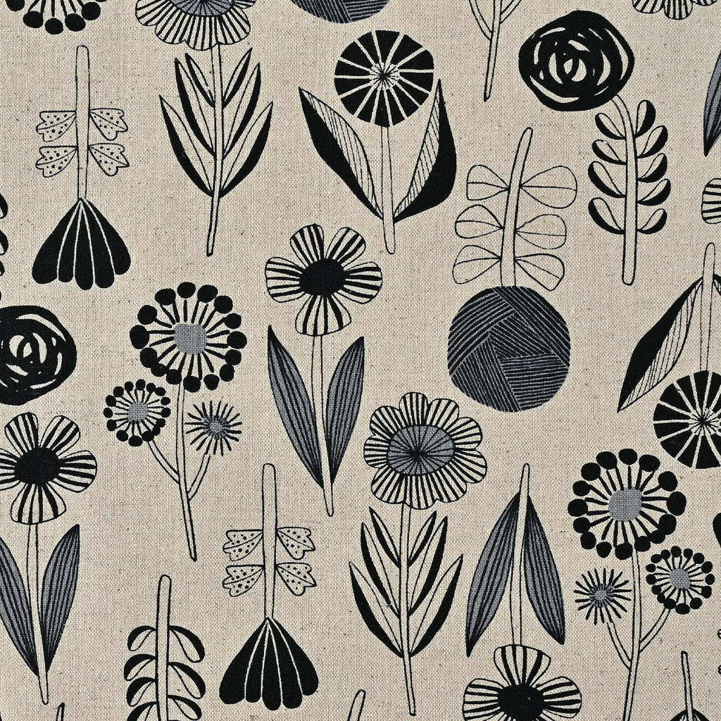 Kokka - Cotton/Linen Lightweight Canvas - Flower by Bookhou - Black and Slate on Natural