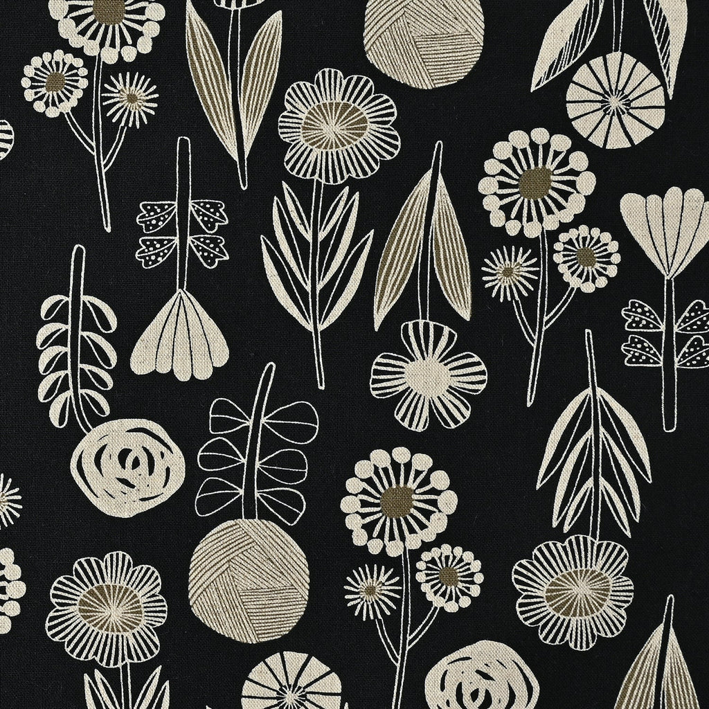 Kokka - Cotton/Linen Lightweight Canvas - Flower by Bookhou - Black
