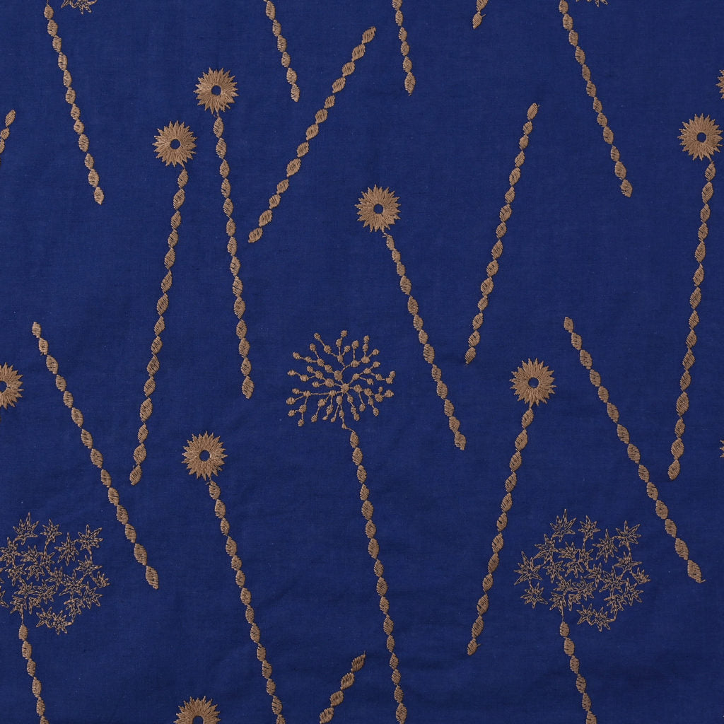 Echino - Embroidered Cotton/Linen Sheeting - Twig Flowers - Ochre on Royal