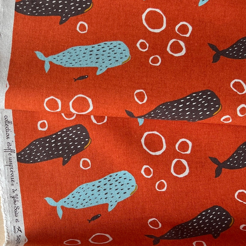 Vancet - Cotton Linen Canvas - Scandi Whales - Orange