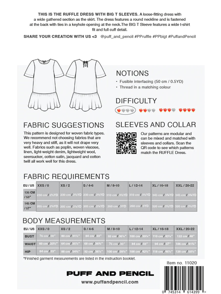 Patterned dress design with fabric suggestions, measurements, and difficulty rating on a white background.