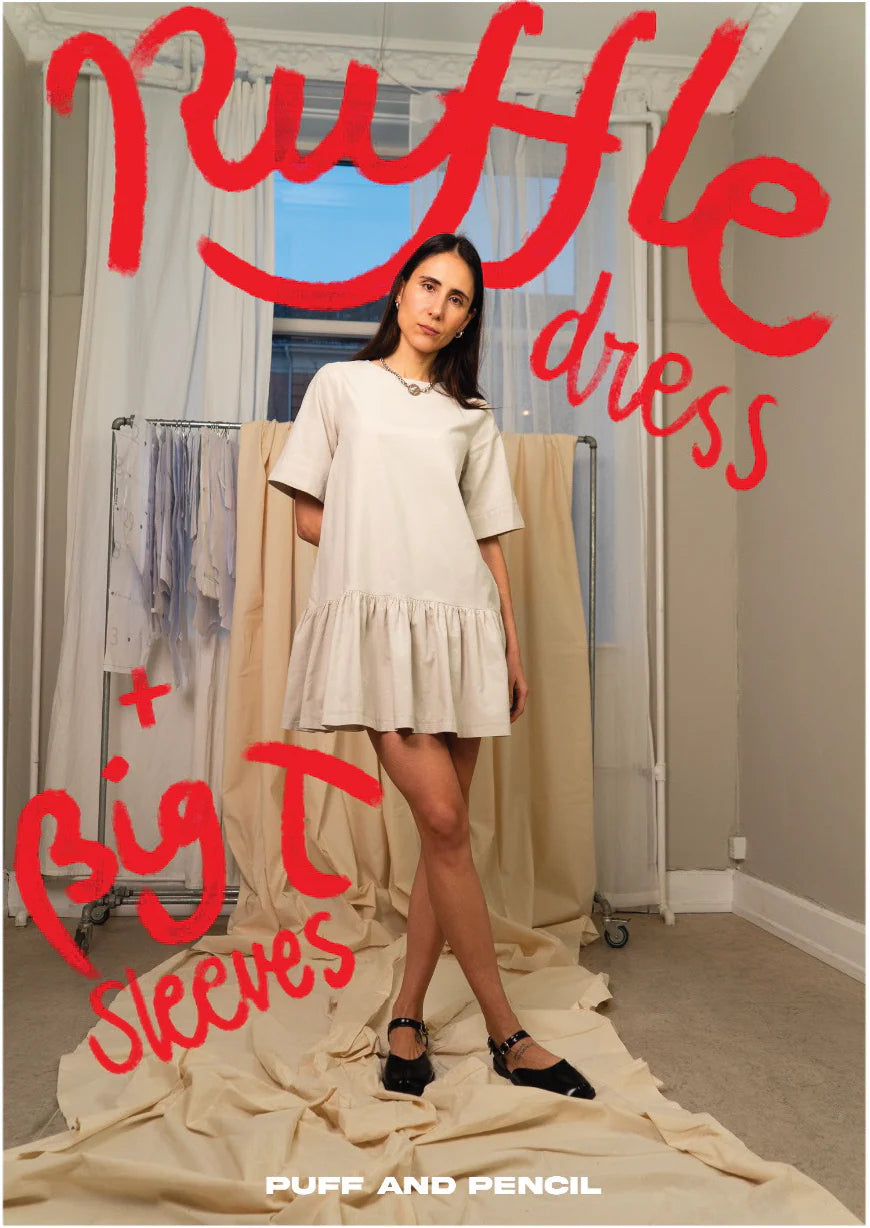 Person wearing a white dress with ruffle details in a room setting, text overlay 'Ruffle dress + Big T Sleeves' and brand name 'Puff and Pencil'.