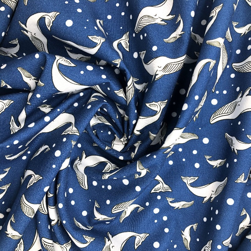 Splash Fabric - Eco-laminated Cotton - Spout Whales - Navy