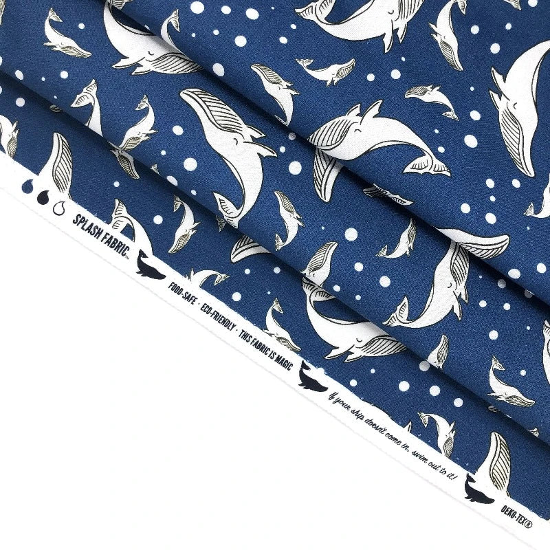 Splash Fabric - Eco-laminated Cotton - Spout Whales - Navy