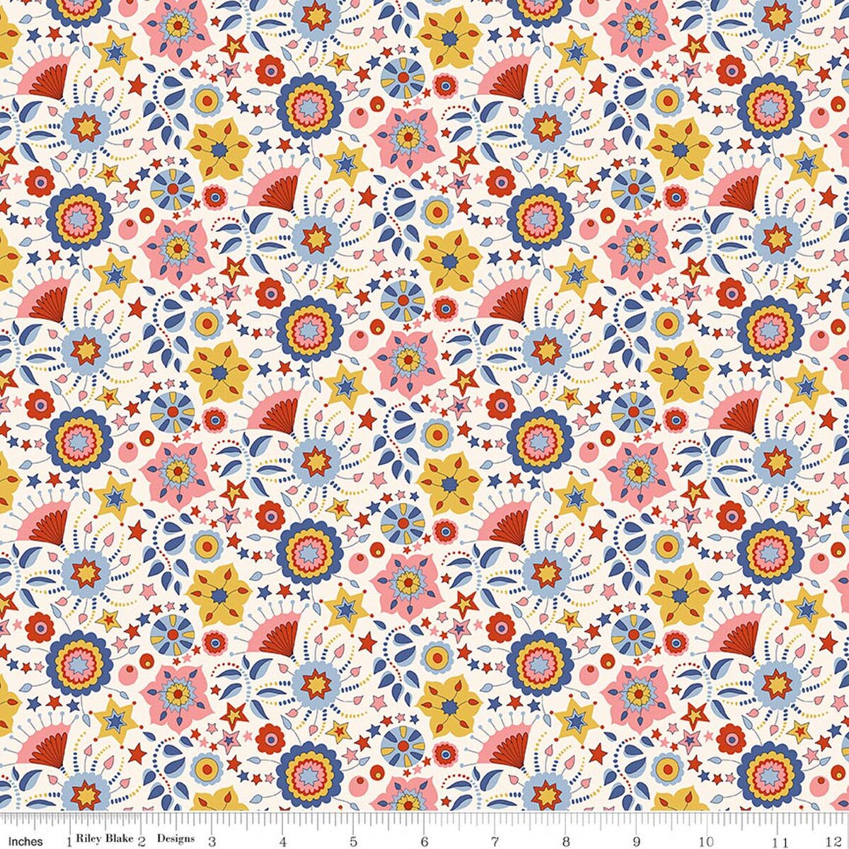 Fabric with white background and blue, pink, yellow, and red floral design.
