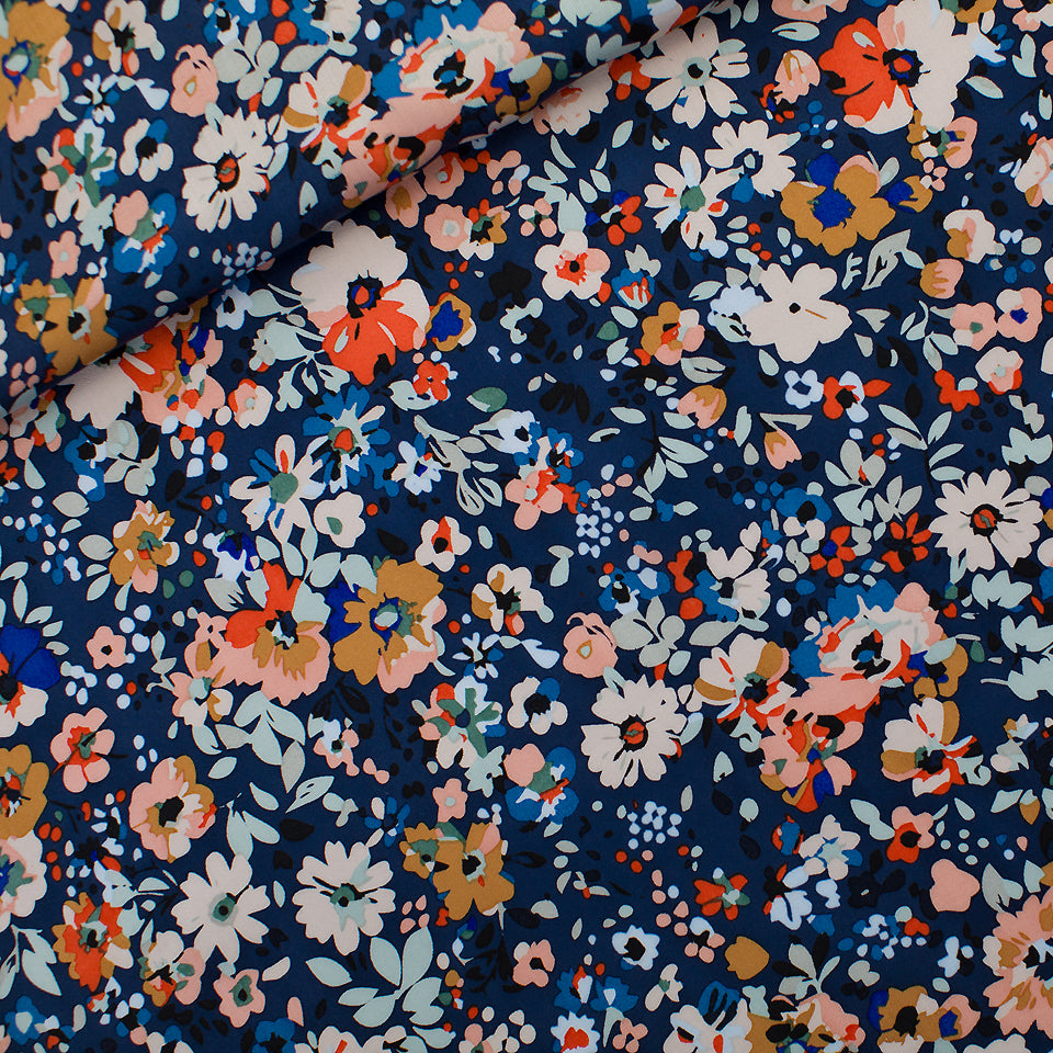 See You at Six - Ecovero Viscose Rayon Satin - Flower Joy - Oceana Blue