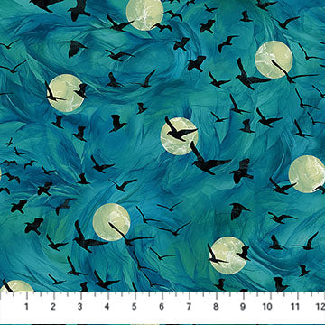 Fabric with dark ravens flying on a teal background with light moons