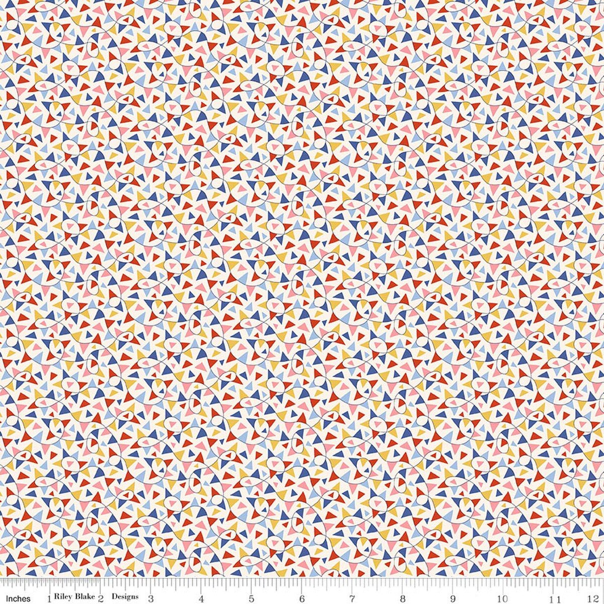Fabric with colorful bunting design on a white background.