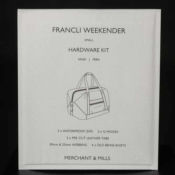 Francli Weekender hardware kit packaging with black and white design on a dark background