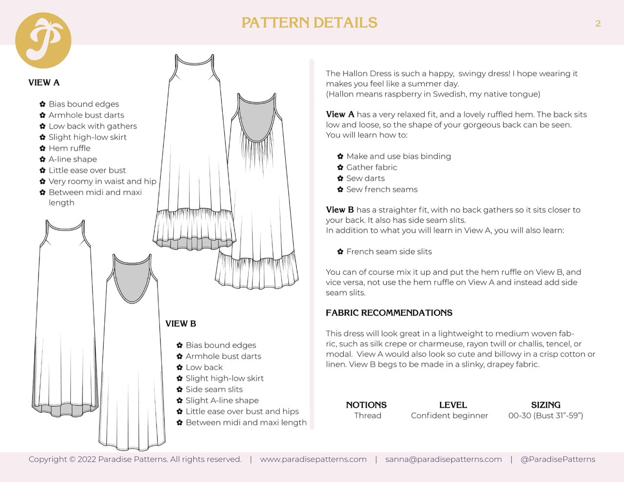 Paradise Patterns - Hallon Dress - PDF and Printed Pattern