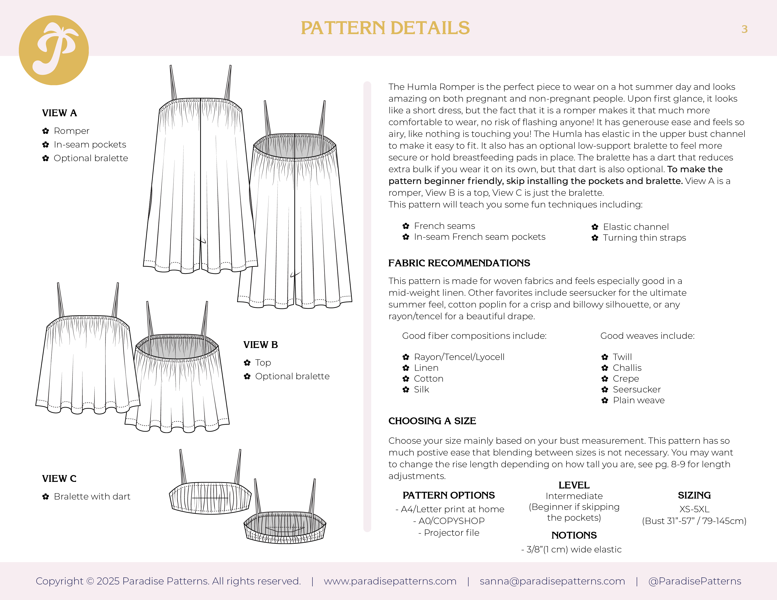 Paradise Patterns - Humla Romper - PDF and Printed Pattern
