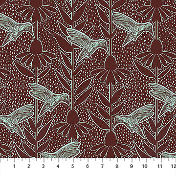 Fabric with brown background and turquoise hummingbirds and flowers.