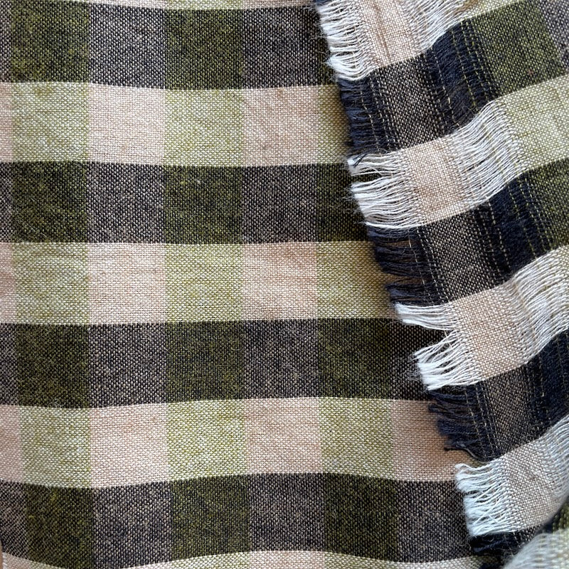 Handwoven Indian Cotton - Beige Black & Olive - Check