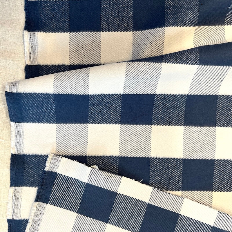 Deadstock - Cotton Heavyweight Brushed Twill - Buffalo Check Plaid - Navy and White